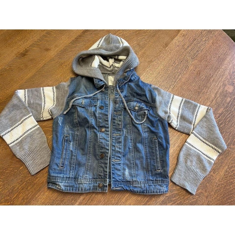 Thread & Supply Denim Jacket with Sweater Sleeves & Hood – Size Large